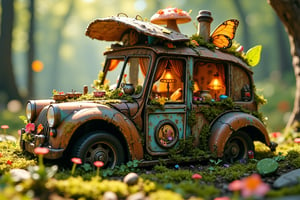 A whimsical fairy house crafted from an abandoned vintage car in a sunlit forest clearing. Moss and colorful wildflowers cover the rusted exterior. Tiny windows cut into doors and hood, curtained with delicate leaves. Toadstool chimney sprouts from the roof. Butterfly wings serve as awnings.

Interior view through windows reveals:
Acorn cap lampshades casting warm glow. Thimble soup pots on twig stove. Matchbox beds with flower petal quilts. Bottlecap table set with dewdrop tea service. Postage stamp paintings on bark-paneled walls. Cobweb hammock in corner. Ladybug ottomans around acorn coffee table.

Spiral staircase made from steering wheel leads to loft bedroom in glove compartment. Dashboard converted to a cozy reading nook with tiny bookshelf. Rearview mirrors become magical scrying glasses