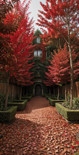 Dystopian image of a garden where all the plants have red leaves