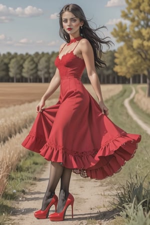 chica con lenceria roja en la pradera con pechos enormes,mostrar los pies con tacones altos, cabello negro de cola de caballo