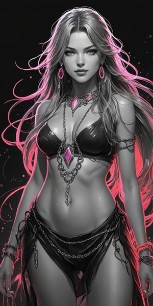 Black and white sketch, realistic, female, granblue fantasy (style), long flowing hair,  chains, (((splashes of neon colors))), neon colors