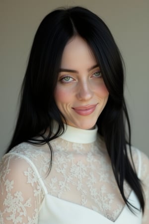 Hyperrealistic photo of Billie Eilish with long black hair, wearing a white high-neck dress, captured with a Canon EOS 90D in stunning high resolution. The image is illuminated by soft natural light, highlighting the intricate details of the dress. Greg Rutkowski's signature style is evident, with a close-up shot framing her face and upper body, capturing her expressive eyes and subtle smile. The background is a minimalist, neutral tone to keep the focus on the subject. High resolution, glow skin, 8k details, ceramic skin.