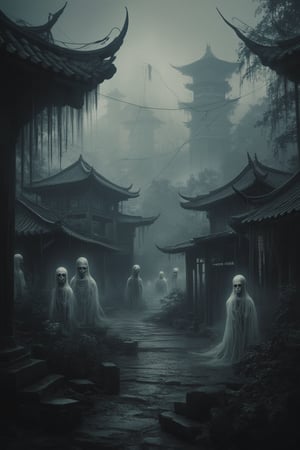 A serene Chinese village nestled deep within a dense forest, depicted in monochrome with foggy atmosphere. The village is surrounded by ghostly and skeleton apparitions, adding an eerie ambiance. The scene is framed with a wide-angle shot, capturing the entire village and the misty forest. The lighting is soft and diffused, enhancing the mysterious mood. The composition emphasizes the contrast between the village's tranquility and the ghostly presence.