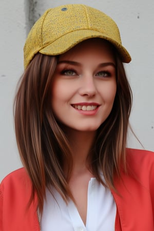 4k,best quality,masterpiece,1girl,(cropped jacket),(demin pant), smile,baseball cap,

(Beautiful and detailed eyes),
Detailed face, detailed eyes, double eyelids ,thin face, real hands,
((short hair with long locks:1.2)),brown-hair, white background,


real person, color splash style photo,
