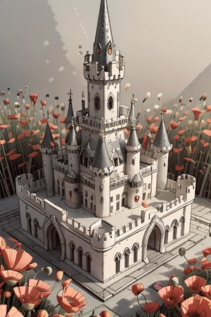 Vibrant medieval fantasy unfolds on a pristine white canvas. A toy castle rises from the center, its turrets and towers rendered in gentle pastel hues. Knights, dragons, and peasants gather at its base, their adorable forms imbued with bright, poppy colors. Soft shadows cast by isometric perspective add depth to the whimsical scene, while low contrast ensures a visually appealing composition. The overall aesthetic is playful, with minimalistic design elements balanced by bursts of color, creating a charming 3D cartoon illustration.