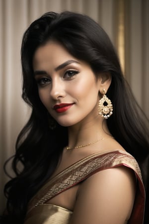 1girl, solo, long hair, looking at viewer, smile, black hair, dress, holding, brown eyes, jewelry, standing, earrings, looking back, from behind, saree, realistic, red lips,she from netherlands
