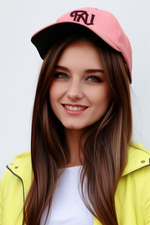 4k,best quality,masterpiece,1girl,(cropped jacket),(demin pant), smile,baseball cap,

(Beautiful and detailed eyes),
Detailed face, detailed eyes, double eyelids ,thin face, real hands,
((short hair with long locks:1.2)),brown-hair, white background,


real person, color splash style photo,
