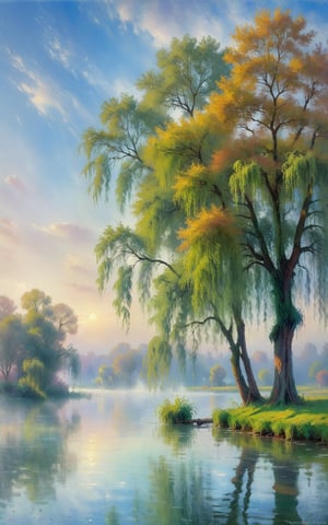 A lake covered by heavy mist and smoke. A weeping willow tree stands near the edge of the lake. Tree bends down to lake and its branches touches to the lake. Sky is cloudy. [romantic impressionism,dream scenery art,beautiful oil matte painting,romantic,style of thomas kinkade,beautiful digital painting,anime landscape,romantic painting,dreamlike digital painting,colorful painting,beautiful gorgeous digital art,style of greg rutkowski,janek sedlar,jenny saville:0]