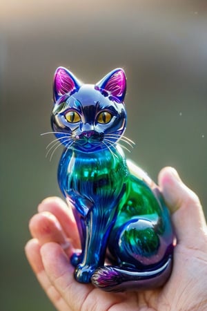 photo, an cute colored glass cat figure, sitting in a hand