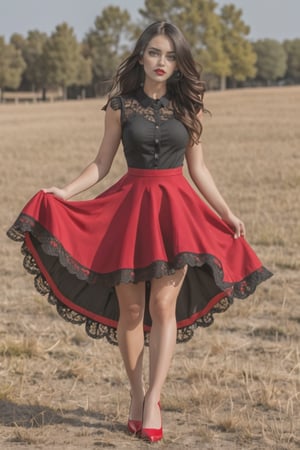 chica con lenceria roja en la pradera con pechos enormes,mostrar los pies con tacones altos, cabello negro de cola de caballo