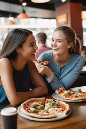 Prompt
Two young women enjoying a casual meal together at a restaurant, sharing laughter and pizza. One woman is holding a slice of pizza, while the other has her hand on the table. They are both smiling, suggesting a friendly and relaxed atmosphere. The background features other patrons and a menu board, indicating they are in a public dining setting.