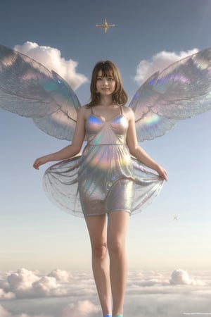 (masterpiece, best quality, CGI, official art:1.2), (stunning celestial being:1.3), (iridescent wings:1.4), shimmering silver hair, piercing sapphire eyes, gentle smile, (luminous aura:1.2), soft focus, whimsical atmosphere, serene emotion, dreamy tone, vibrant intensity, inspired by Hayao Miyazaki's style, ethereal aesthetic, pastel colors with (soft pink accents:1.1), warm mood, soft golden lighting, diagonal shot, looking up in wonder, surrounded by (delicate clouds:1.1) and (shimmering stardust:1.2), focal point on the being's face, intricate textures on wings and clothes, highly realistic fabric texture, atmospheric mist effect, high image complexity, detailed environment, subtle movement of wings, dynamic energy.,Masterpiece