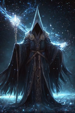 hidden face, head down, mystical figure clads in tattered armor and robe, featuring a long, flowing cape and a pointed wizardâs hat, The figure should be holding a staff topped with an intricate design, standing against a backdrop of a starry night sky with glowing particles and motes of light surrounding them, atmosphere should evoke a sense of magic and mystery, , , , , , ,LegendDarkFantasy,stworki