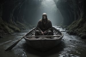 Charon in his boat crosses a river in some underground chains to the other side of the afterlife with his crew who are very scared.