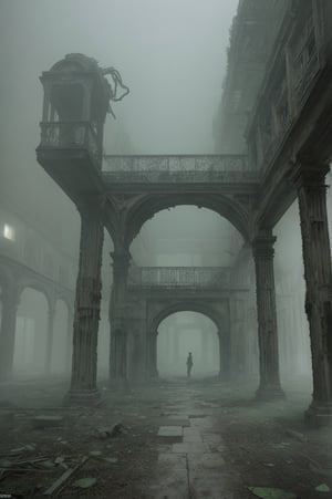 The image portrays a haunting and surreal scene set in an eerie, abandoned courtyard of a dilapidated building. The overall atmosphere is imbued with a greenish, foggy mist, enhancing the unsettling mood.