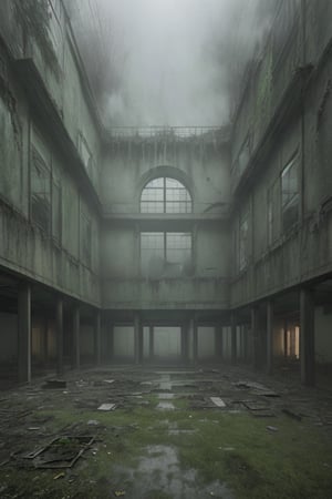 The image portrays a haunting and surreal scene set in an eerie, abandoned courtyard of a dilapidated building. The overall atmosphere is imbued with a greenish, foggy mist, enhancing the unsettling mood.