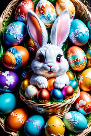 basket full of ornately decorated easter eggs,bunny rabbit,vivid contrast,vivid colors, Hyperrealistic art cinematic film still photography in the style of detailed hyperrealism photoshoot