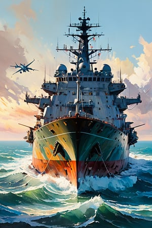 "An imaginative and impressionist depiction of a ripped, tattered, and battle-worn appearance of a large ship, with vibrant, focused brushstrokes capturing every detail. A focused impressionist image where every brushstroke is sharp and clear. Color palette blends muted, earthy tones with vibrant accents, enhancing the depth and atmosphere of the scene. Every detail in the image in sharp focus. Distinct forms and shapes in the background should suggest a military flying drone."