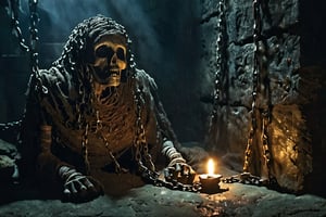 Darkness envelops the ancient tomb, eerie lantern light flickering on stone walls as a decrepit mummy lies bound by rusty chains, its wrappings tattered and worn, amidst the musty air and damp shadows of the dungeon's depths.