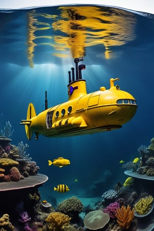 A yellow submarine sails through the depths of the ocean panoramic photo of the submarine with all the vegetation or marine fauna