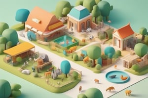 3D cartoon illustration of a toy zoo with various animals, zookeepers, and visitors on a white background, soft color tones and vibrant colors, cute simple minimalistic design with bright color tones and low contrast, isometric perspective soft shadows, colorful style

