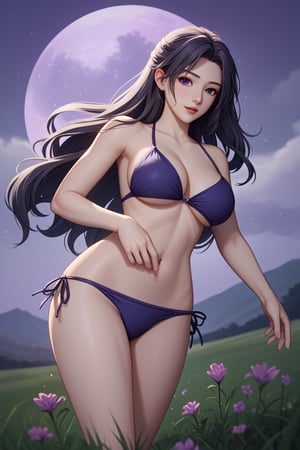 Hand,detailed,perfect,perfection,hands, yunxiao, long hair, score_9, score_8_up, score_7_up, score_6_up, long hair, black hair, full nudes, spacious flower field, night, purple moon, side-tie_bikini, slight smile, rain, drops rain, wet body, raindrops on the body, lies