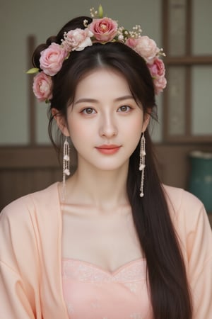 A young Asian woman with long dark hair is wearing a peach silk kimono with a pink strapless top underneath. Her hair is styled in a bun with a flower crown on top of it. The flower crown is pink and white. The woman has long dangling dangling earrings dangling from her ears. She has a slight smile on her face and is looking directly at the camera.