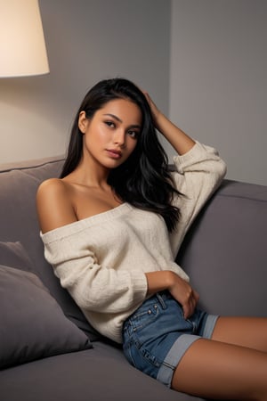 A beautiful blonde-black hair woman lounging on a sofa, wearing a loose, off-the-shoulder sweater and denim shorts, her legs slightly bent and one arm resting behind her head, gazing seductively at the viewer, low ambient lighting, casual yet sensual.
