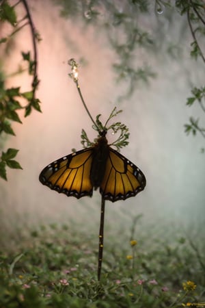 amazing quality, masterpiece, best quality, hyper detailed, ultra detailed, UHD, depth of field, butterfly, parking on (red floret), night, magic forest, fog, firefly, transparent and polishing ral-ntrgmstn, on side, darkness, glowing, (dazzling light:1.2), water droplets after rain,