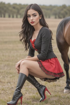 chica con lenceria roja en la pradera con pechos enormes,mostrar los pies con tacones altos, cabello negro de cola de caballo