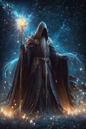 hidden face, head down, mystical figure clads in tattered armor and robe, featuring a long, flowing cape and a pointed wizardâs hat, The figure should be holding a staff topped with an intricate design, standing against a backdrop of a starry night sky with glowing particles and motes of light surrounding them, atmosphere should evoke a sense of magic and mystery, , , , , , ,LegendDarkFantasy,stworki