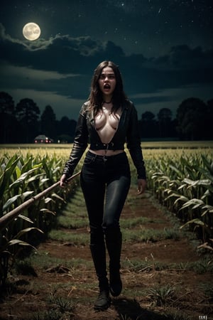 Wide shot, Best quality, high-res, a cute young woman,, scary, horror, full body shot, in the middle of cornfield, night, artstation, epic, high-detailed,no_clothes,Masterpiece,renaissance,th1nsh1rtng,1970's Horror Style