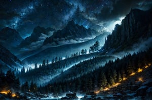 A spectacular night fell on the mountains. Beautiful mountainous area surrounded by pine forest. Large century-old pines stand in silence. The calm silence of the forest is interrupted by peals of thunder and flashes of lightning. A multi-level waterfall rushes down from the mountains in a noisy stream; Along the banks of a mountain river there are stones covered with moss. The moon's rays break through the canopy, illuminating the dark night forest with dim blue light. A beautifully growing fern shimmers from lightning flashes, and a variety of flowers grow. In the mountains you can see old ruins of long-dead civilizations. Ancient buildings and monuments of the ancient world, destroyed by time, are scattered around.