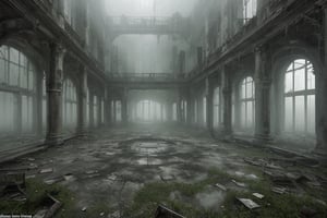 The image portrays a haunting and surreal scene set in an eerie, abandoned courtyard of a dilapidated building. The overall atmosphere is imbued with a greenish, foggy mist, enhancing the unsettling mood.