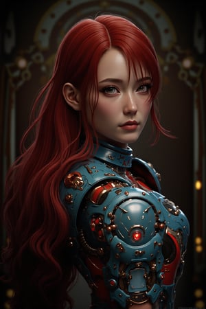 A cinematic masterpiece of photorealistic excellence, a stunning portrait of the hubgwomen, 'hubg_beauty_girl', captured in a front-view pose, with piercing eyes gazing directly at the viewer. Her long, flowing red hair cascades down her back like a river of silk, as she wears intricate mechanical armor adorned with delicate blue filigree and red metallic parts. The dynamic pose showcases the detailed armor's curves and textures, while the raw photo quality emphasizes every realistic aspect. In the background, an intricate, analog-inspired setting provides depth and context, illuminated by cinematic lighting that accentuates every detail. This is a true work of art, a photorealistic marvel that blurs the line between reality and fantasy.