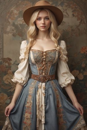art nouveau style,flat Illust,beautiful blonde lady, Official Art, Art Station, Beautiful and Aesthetic, One Girl, Highly Detailed, (patchwork style dress), A Scandinavian woman of supernatural beauty, Full body, looking at the viewer, (model pose: 1), cowboy shot,photo_b00ster