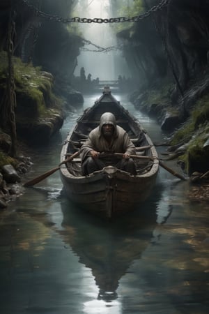 Charon in his boat crosses a river in some underground chains to the other side of the afterlife with his crew who are very scared.