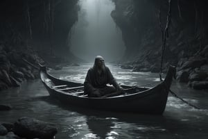 Charon in his boat crosses a river in some underground chains to the other side of the afterlife with his crew who are very scared.