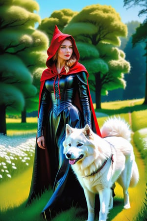 Little Red Riding Hood in her iconic black cloak embracing a White samoyedo,standing in a vibrant green meadow clearing,soft focus,dappled sunlight filtering through dense trees,wolf's fur texture highlighted,warm interaction between characters,fairy tale atmosph,highly realistic,ruddy skin,beautiful,full lips,smiling,feeling of lightness and joy,hyperrealism,skin very elaborated,direct gaze,style of Greg Rutkowski,oil paint,RAW photo,best quality,realistic,photo-Realistic,best quality,masterpiece,vibrant color,high contrast,Bright and intense,photography,photorealistic concept art,ambient lighting,sidelighting,Exquisite details and textures,cinematic shot,Full-Body,ultra hd,realistic,vivid colors,highly detailed,soft natural volumetric cinematic perfect light,perfect composition,beautiful detailed intricate insanely detailed octane render trending,Warm tone,HDR,beautiful and aesthetic