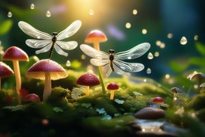 Create an enchanting whimsical fairy garden scene, where delicate plants and tiny mushrooms are adorned with sparkling dewdrops under a soft morning light. The composition captures glittering dragonflies in mid-flight, adding a dynamic element to the serene, lush setting. The framing focuses on the intricate details of the miniature landscape, inviting viewers into a magical, hidden world.