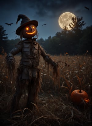 A worn wooden scarecrow stands tall in a cornfield at dusk on Halloween night, its ragged clothes and straw-stuffed body eerily illuminated by a full moon rising behind the trees. The wind rustles through the dry leaves as it gazes out into the darkness.