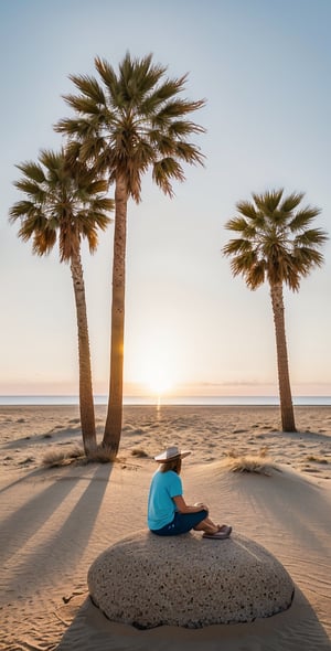 A serene desert landscape at sunset, with a majestic palm tree standing tall in the foreground. A lone traveler, wearing trendy sunglasses , sits in contemplation on a rock, surrounded by the warm glow of the setting sun. The sandy dunes stretch out behind them, fading into the horizon's subtle blue haze, evoking a sense of isolation and peaceful reflection.,photorealistic