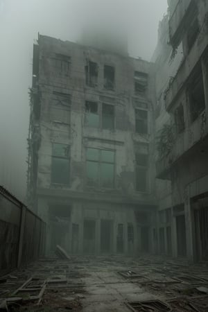 The image portrays a haunting and surreal scene set in an eerie, abandoned courtyard of a dilapidated building. The overall atmosphere is imbued with a greenish, foggy mist, enhancing the unsettling mood.