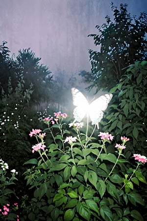 high quality, lghtshft_lora, glowing, 1butterfly, on top of flower, in the garden, nighttime, hazy, misty