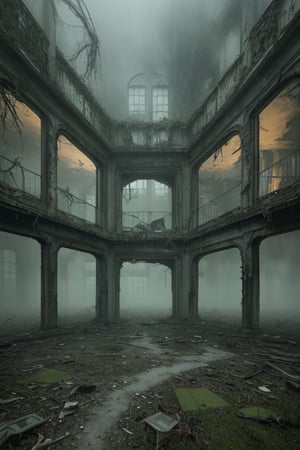 The image portrays a haunting and surreal scene set in an eerie, abandoned courtyard of a dilapidated building. The overall atmosphere is imbued with a greenish, foggy mist, enhancing the unsettling mood.