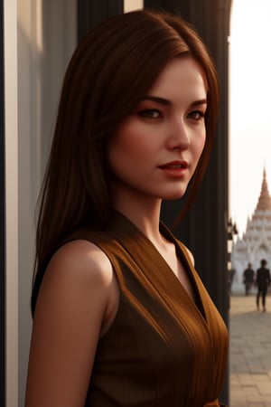 A realistic three-dimensional render of an elegant lady with brown hair, showcasing intricately detailed skin texture and shadow, trending on Artstation with high-quality 8k resolution, acmm ss outfit, Myanmar, Burmese,acmm ss outfit,1 girl
