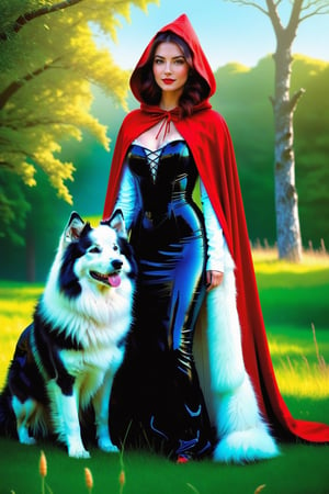 Little Red Riding Hood in her iconic ultra sexy black cloak embracing a White samoyedo,standing in a vibrant green meadow clearing,soft focus,dappled sunlight filtering through dense trees,wolf's fur texture highlighted,warm interaction between characters,fairy tale atmosph,highly realistic,ruddy skin,beautiful,full lips,smiling,feeling of lightness and joy,hyperrealism,skin very elaborated,direct gaze,style of Greg Rutkowski,oil paint,RAW photo,best quality,realistic,photo-Realistic,best quality,masterpiece,vibrant color,high contrast,Bright and intense,photography,photorealistic concept art,ambient lighting,sidelighting,Exquisite details and textures,cinematic shot,Full-Body,ultra hd,realistic,vivid colors,highly detailed,soft natural volumetric cinematic perfect light,perfect composition,beautiful detailed intricate insanely detailed octane render trending,Warm tone,HDR,beautiful and aesthetic