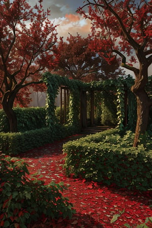 Frame a desolate, once-vibrant garden, now overgrown with twisted vines and crimson-leafed flora. Photorealistic rendering captures every detail: rusty irrigation pipes, weathered stone paths, and decaying trellises. Against this eerie backdrop, a lone, gnarled tree stands sentinel, its branches tangled in a morass of red-leafed foliage. A faint, sickly green glow seeps from the earth, casting an otherworldly light on this forsaken paradise.