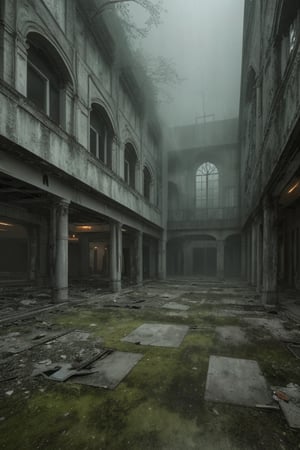 The image portrays a haunting and surreal scene set in an eerie, abandoned courtyard of a dilapidated building. The overall atmosphere is imbued with a greenish, foggy mist, enhancing the unsettling mood.