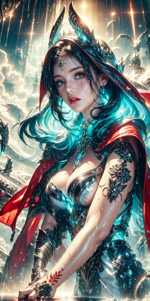 goddess, pattern cloak, patterned chiffon robe,(petal pattern tattoos),windy,wet_clothes,wet hair,white background,Dreamy clouds,spit a blue pentagram light,crystal and silver entanglement,(red tones:1.3)