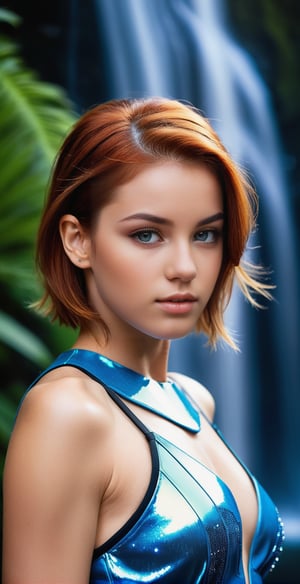 score_9,score_8_up,score_7_up, 1girl (Beautiful face), ((extremely realistic photo)), (professional photo), ((masterpiece: 1.2), 32K, UHD,RAW, A stunning girl radiates confidence (Italian supermodel), ((A-line short hair, red hair)), her porcelain skin glowing under soft, golden lighting. ((She wears a sparkling transparent science fiction clothes that accentuates her fit physique)), its folds subtly framing her toned arms. Her AI-enhanced celebrity makeup look is flawless, with defined brows and luscious, colorful long hair cascading down her back like a river of jewels. Her bright blue eyes sparkle as she presents a straight-on pose, the camera capturing every detail in 4K clarity on a Canon high-resolution sensor. A beautiful waterfall blending into the lush background. The overall effect is captivating, a true masterpiece of modern influencer photography.